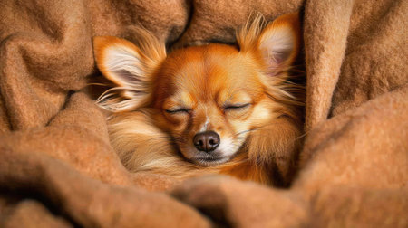 Small dog lying under a soft blanket, eyes closed in comfort, creating a serene and cozy indoor winter scene.の素材