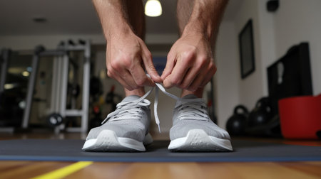 Close-up of a man tying his sneaker laces before a workout, standing on a yoga mat, capturing fitness prep in an indoor gym.の素材
