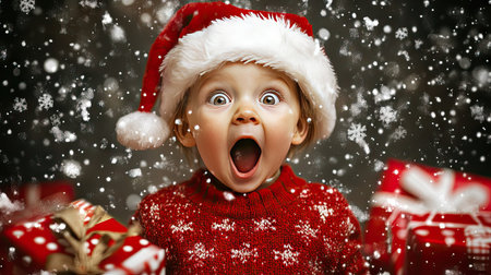 Child in a red sweater and Santa hat, surrounded by gift boxes, looking up with excitement.の素材