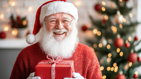 Smiling Santa Claus presenting a Christmas gift box, holiday lights and ornaments sparkling around him, spreading holiday cheer.の素材