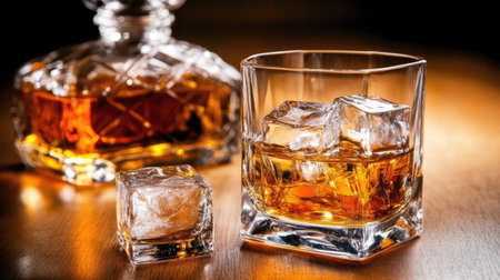 Close-up of a glass of whiskey with ice cubes, a crystal decanter nearby on a polished wooden table in dim lighting.の素材