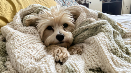 Small dog wrapped in a warm knitted blanket, peacefully lying on a bed, perfect for a cozy indoor winter scene.の素材