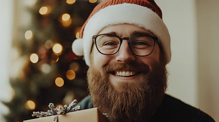 Smiling Santa with a gift box, Christmas tree in the background, creating a cozy holiday scene filled with joy.の素材