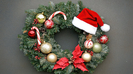 Close-up of a Christmas wreath with holiday ornaments, candy canes, and a Santa hat, capturing the festive season.の素材