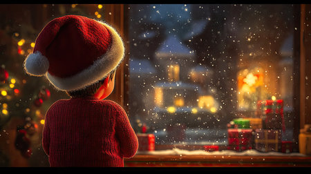 Child in a red sweater and Santa hat, watching as snow falls outside, with a cozy holiday room in the background.の素材