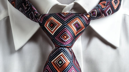 Close-up of a man's necktie with modern geometric patterns, tied neatly over a white shirt, showing attention to detail.の素材