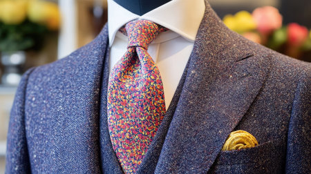 Close-up of a patterned silk necktie with a Windsor knot, paired with a tailored suit, emphasizing luxury and elegance.の素材