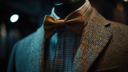 Bow tie with a subtle pattern, paired with a checkered shirt and tailored suit in close-up, showcasing modern formalwear.の素材