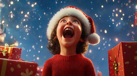 Child in a red sweater and Santa hat, surrounded by gift boxes, looking up with excitement.の素材