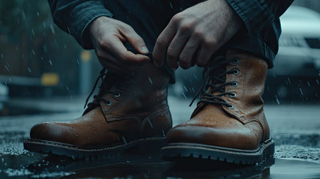 Casual close-up of a man lacing up his boots on a rainy day, droplets on the shoes adding texture and atmosphere to the scene.の素材