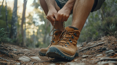Close-up of a man tying his hiking boot laces on a forest trail, surrounded by natural scenery, ready for an adventure.の素材
