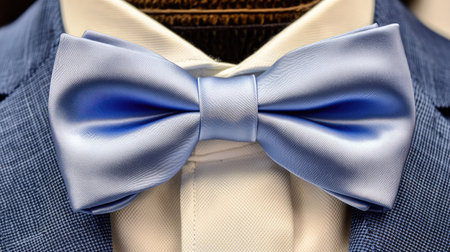 Close-up of a silk bow tie paired with a tailored suit and white shirt, capturing the sophistication of formal dress.の素材