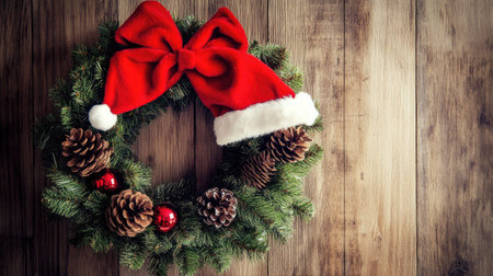 Christmas wreath with a big red bow, pinecones, and a Santa hat, hanging on a rustic wooden wall.の素材