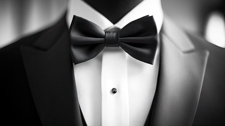 Classic black bow tie with a tuxedo and white shirt in close-up, showing the refined details of formal attire.の素材