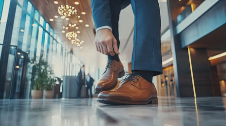 Businessman tying dress shoe laces in a modern office, close-up showing hands, polished shoes, and sharp suit in a professional setting.の素材