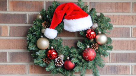 Christmas wreath adorned with ornaments, a Santa hat, and pine branches, hung on a cozy brick fireplace.の素材