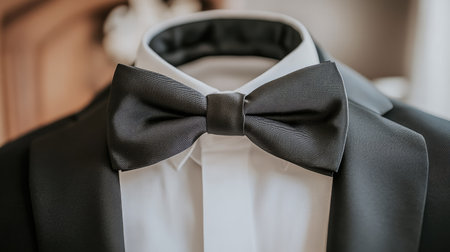 Close-up of a classic black bow tie with a crisp white shirt and dark suit jacket, highlighting the refined details of formal attire.の素材