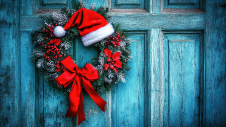 Christmas wreath with a jolly Santa hat and red ribbon, hanging on a vintage door, symbolizing holiday warmth.の素材