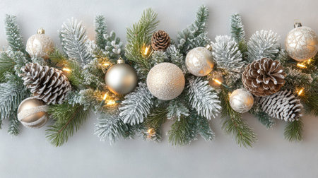 Snow-dusted pine branches with ornaments and lights, giving a frosty and festive winter holiday look.の素材