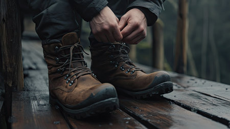Close-up of a man tying his boot laces on a wooden deck, with a rustic background, capturing an outdoor, rugged feel.の素材
