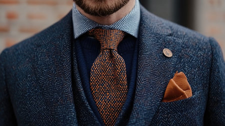 Close-up of a navy necktie with subtle patterns, paired with a tailored suit, showcasing modern formal style and detail.の素材
