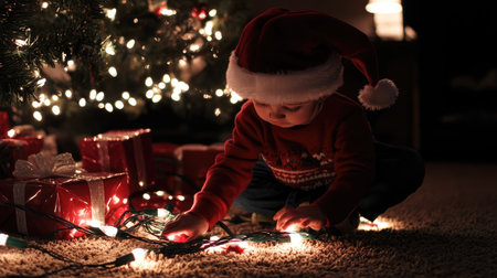 Child in Santa hat and red sweater, playing with holiday lights, making a magical scene under the Christmas tree.の素材