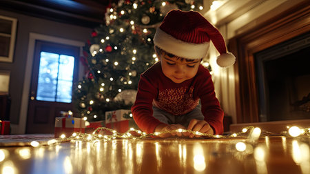 Child in Santa hat and red sweater, playing with holiday lights, making a magical scene under the Christmas tree.の素材