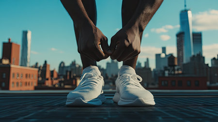 Close-up of a man tying his sneaker laces with a cityscape in the background, preparing for an urban workout with determination.の素材