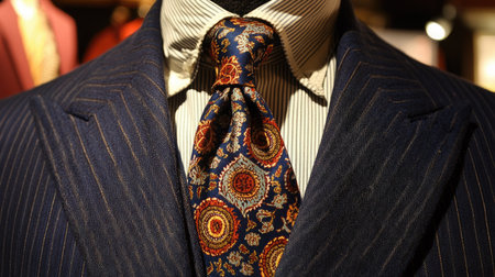 Close-up of a patterned silk necktie with a Windsor knot, paired with a tailored suit, emphasizing luxury and elegance.の素材