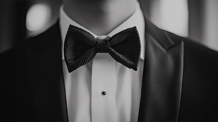 Close-up of a sleek bow tie with a tailored black suit, white shirt, and textured fabric details, exuding classic sophistication.の素材