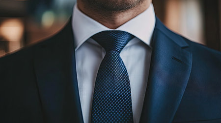 Close-up of a navy necktie with subtle patterns, paired with a tailored suit, showcasing modern formal style and detail.の素材
