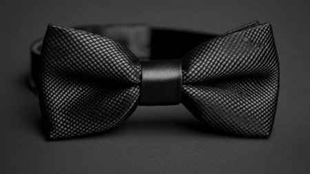 Close-up of a sleek bow tie with a tailored black suit, white shirt, and textured fabric details, exuding classic sophistication.の素材
