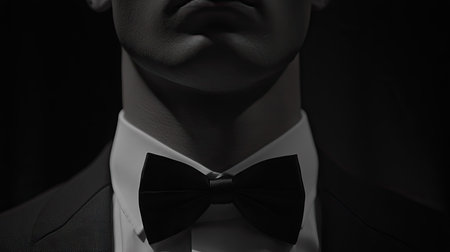 Close-up of a sleek bow tie with a fitted dark suit and crisp white shirt, perfect for a sophisticated, formal look.の素材
