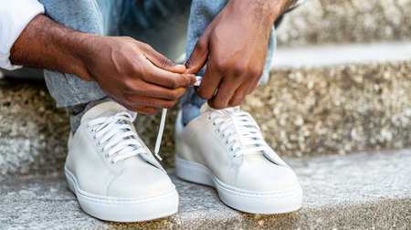 Close-up of a man tying his laces on white sneakers, sitting on concrete steps, with a relaxed, casual vibe on a sunny day.の素材