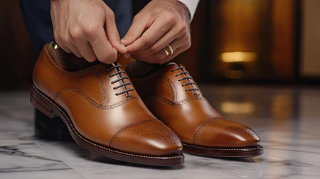 Close-up of a man's hands tying laces on sleek leather shoes, set on polished marble floor, with a hint of formal elegance.の素材