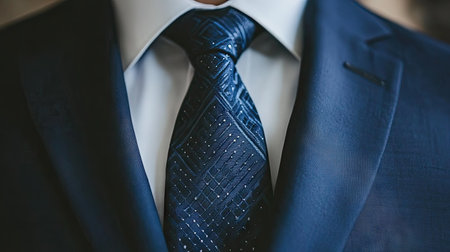 Close-up of a navy necktie with subtle patterns, paired with a tailored suit, showcasing modern formal style and detail.の素材