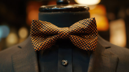 Close-up of a patterned bow tie with a stylish shirt and fitted suit jacket, highlighting the rich fabric textures.の素材