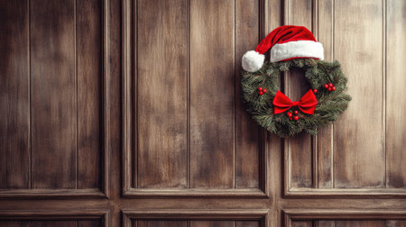 Christmas wreath with a jolly Santa hat and red ribbon, hanging on a vintage door, symbolizing holiday warmth.の素材