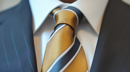 Close-up of a neatly tied necktie with bold stripes over a white shirt and dark suit, capturing sophistication in business attire.の素材