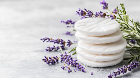 Stack of cotton pads with lavender sprigs, giving a spa-like and refreshing feeling to the skincare setup.の素材