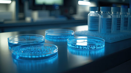 Several Petri dishes with different microorganism cultures on a lab table, capturing diversity in microbial growth and research.の素材