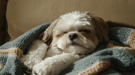 Small dog snuggled under a cozy blanket on a couch, eyes closed in relaxation, capturing the warmth and comfort of home.の素材