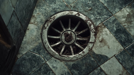 Shower drain filled with hair and soap residue, highlighting maintenance needs in the bathroom.の素材