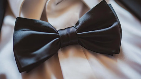 Close-up of a classic black bow tie with a crisp white shirt and dark suit jacket, highlighting the refined details of formal attire.の素材