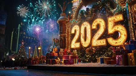 Sparkling '' displayed on a stage at a New Year's event, surrounded by festive decorations and fireworks.の素材