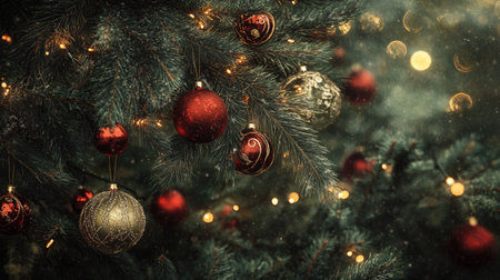 Red and gold baubles hanging from a pine tree with fairy lights glowing, creating a festive and joyful atmosphere.の素材