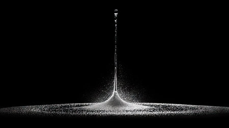 A dramatic vertical water splash shooting upward, with fine droplets frozen mid-air, isolated on black.の素材