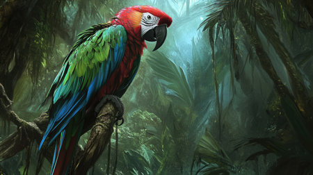 Red and green Macaw parrot perched on a branch, blending into a lush jungle setting, with vivid feathers adding brightness to the scene.の素材