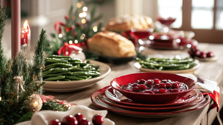 A festive holiday spread featuring canned cranberry sauce, green beans, and gravy alongside traditional dishesの素材