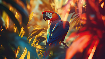 Red and blue Macaw parrot perched on a tree branch, framed by tropical leaves, radiating vivid colors in the jungle sunlight.の素材